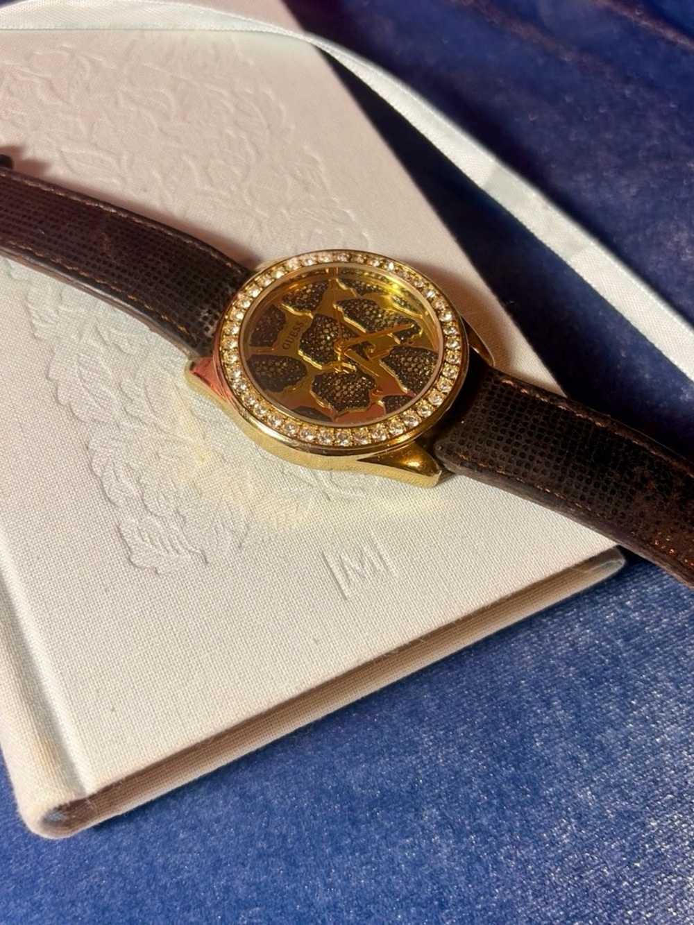 GUESS Gold-Tone Leopard Watch with Leather Strap and Crystal Bezel